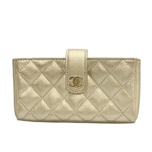 Auth CHANEL Matelasse Gold Leather Coin Case Gold hardware